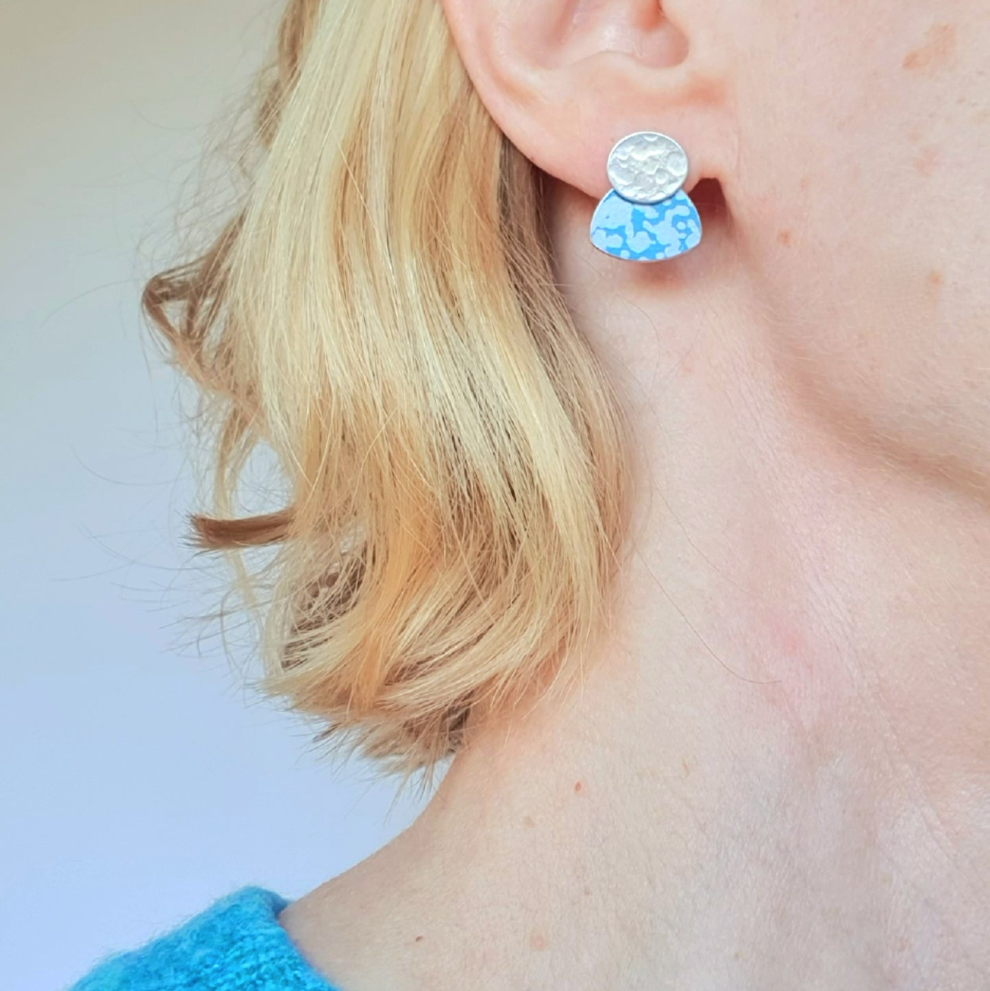 LCH1 Small silver oval and patterned anodised aluminium stud earrings