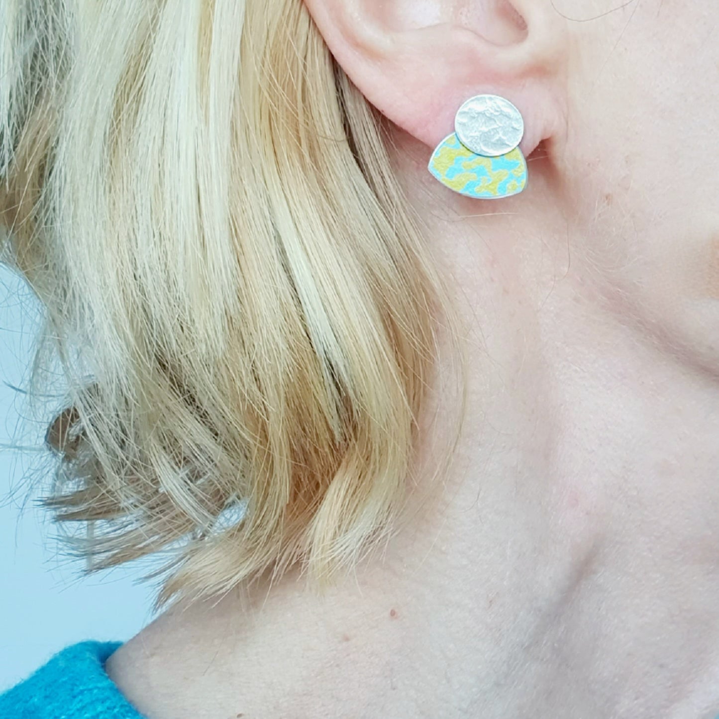 LCH1 Small silver oval and patterned anodised aluminium stud earrings