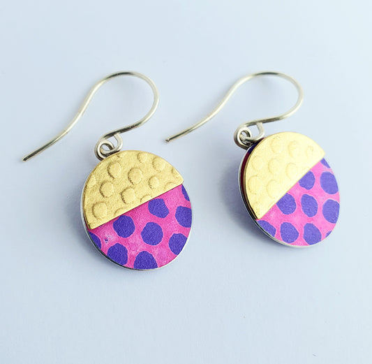 SL14 Spotty textured brass and purple/majenta drop earrings