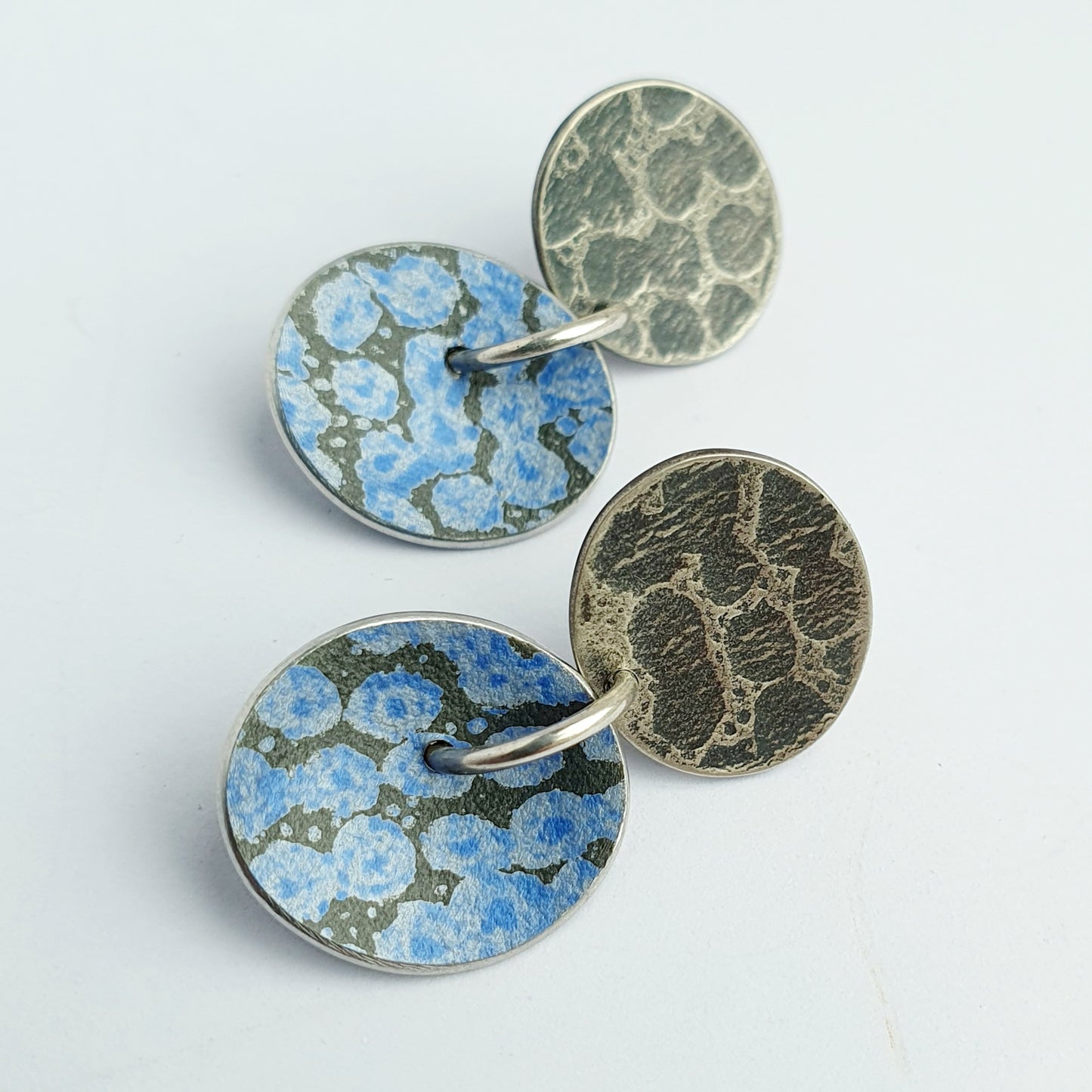 SL14 Oxidised silver stud earrings with blue spotty disc drop