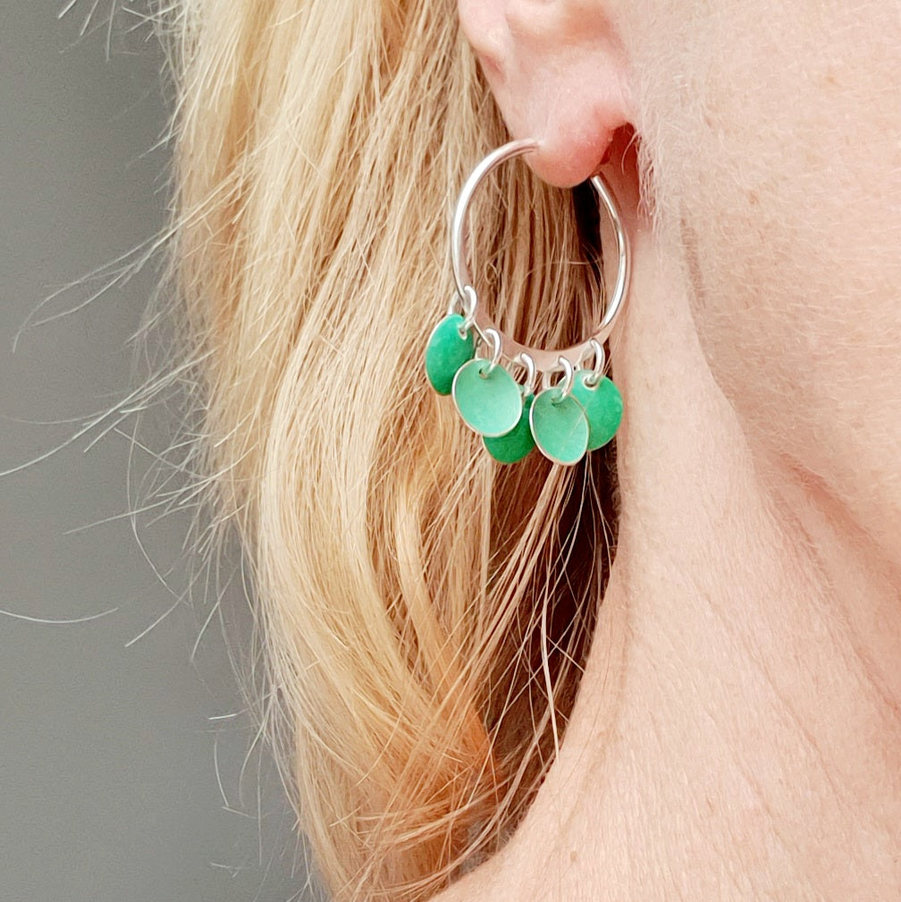 SL12 Silver gypsy hoop stud earrings with 5 green concave discs