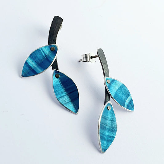 SL5 Black stem and petrol leaf stud earrings