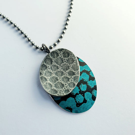SL20 Oxidised textured silver and turquoise blue spotty ovals pendant
