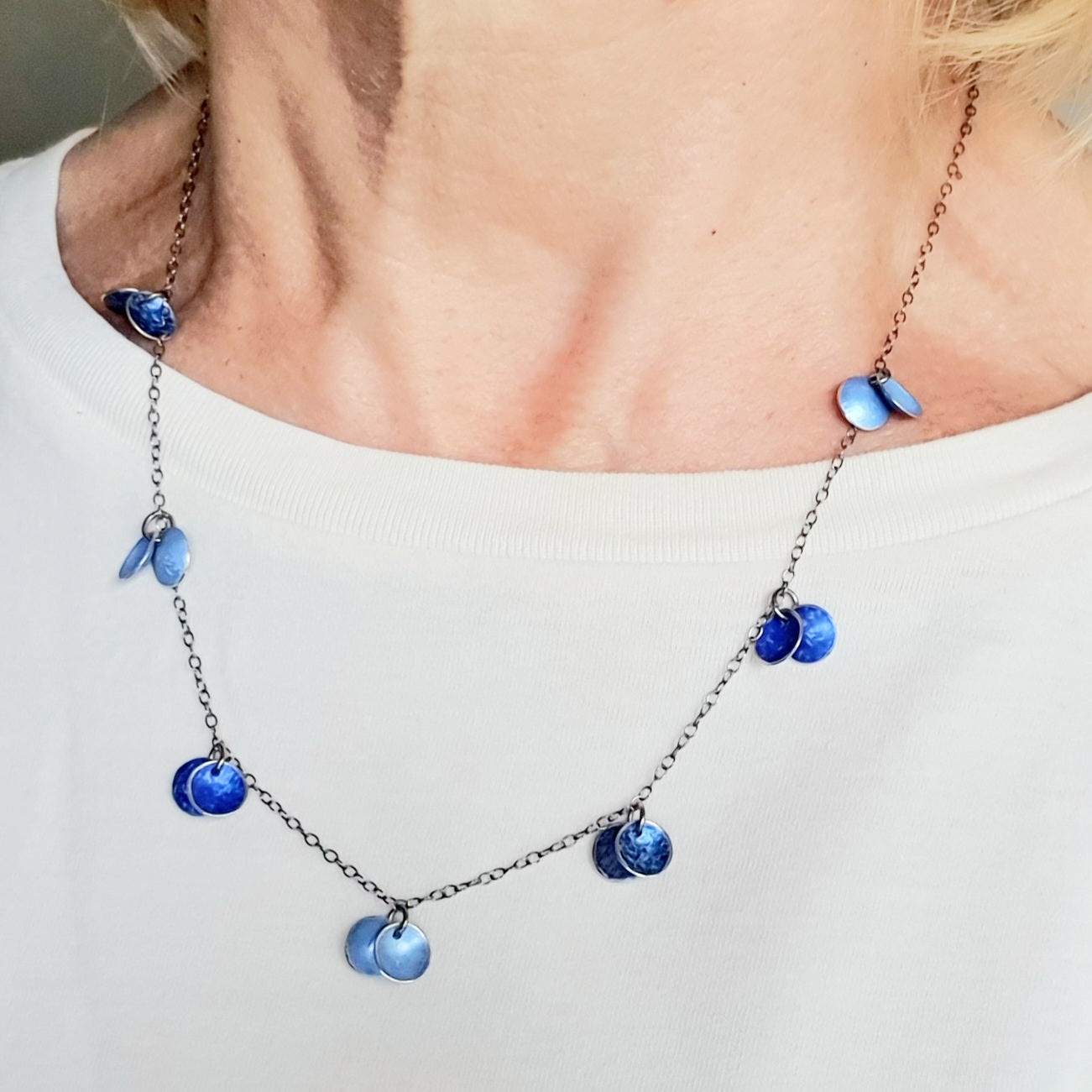 SL30 Light blue, royal blue and indigo concave disc cluster necklace