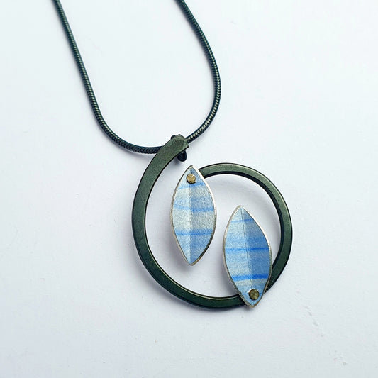 SL18 Light blue leaves on black stem pendant