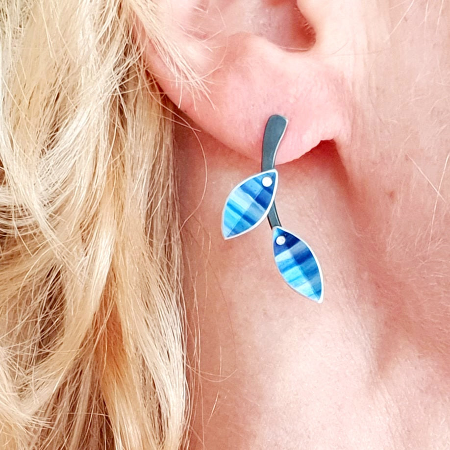 SL3 Black stem and indigo leaf stud earrings