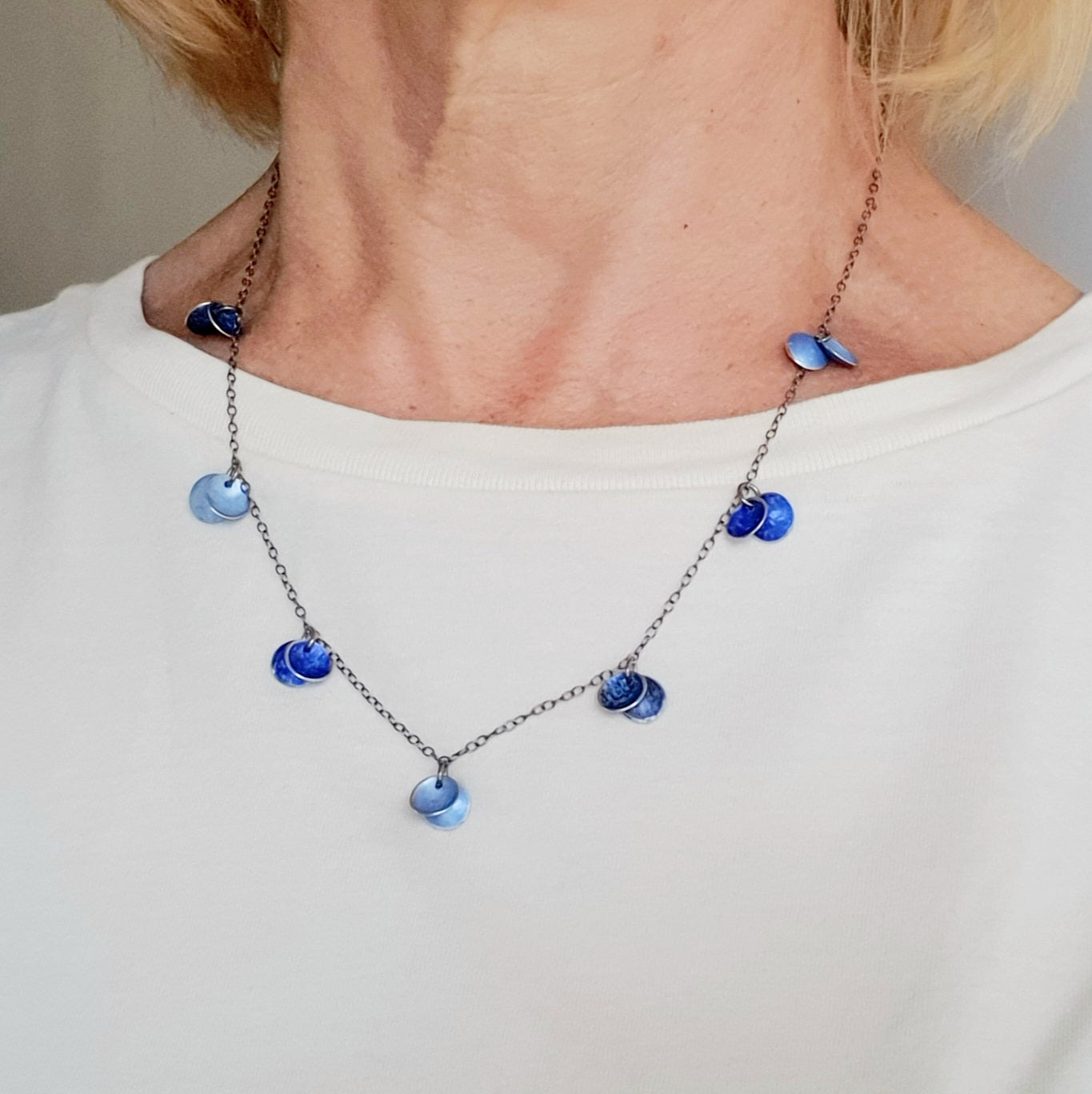 SL30 Light blue, royal blue and indigo concave disc cluster necklace