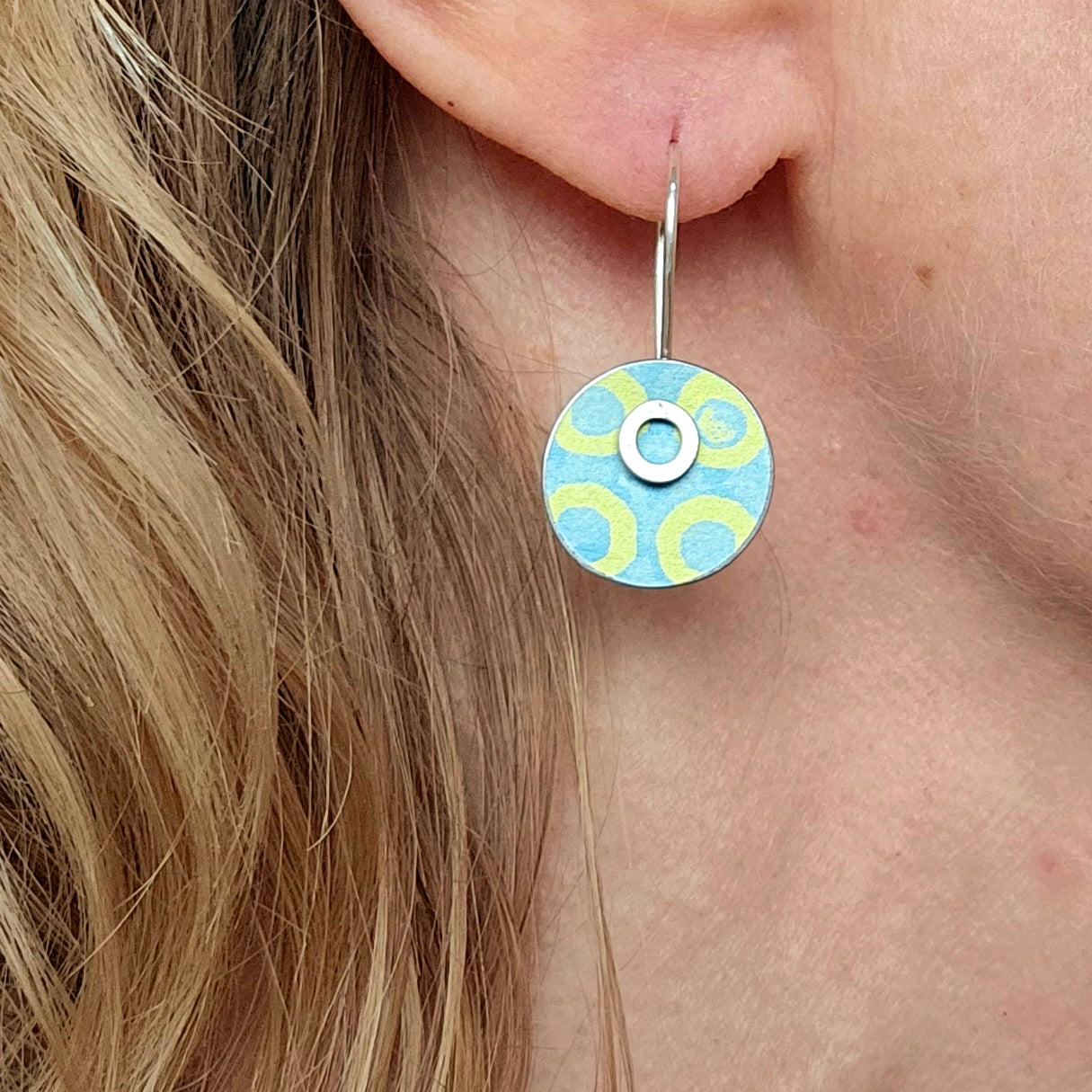 SL24 Yellow circles on blue disc drop earrings
