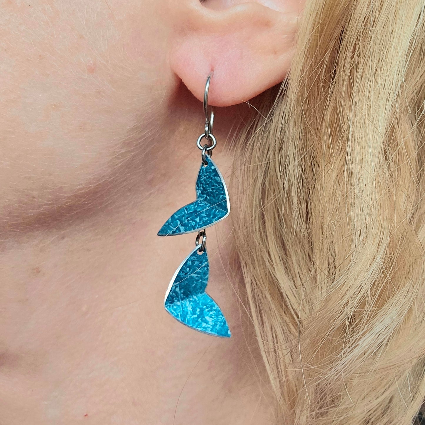 SL9 Petrol blue oxalis leaf drop earrings