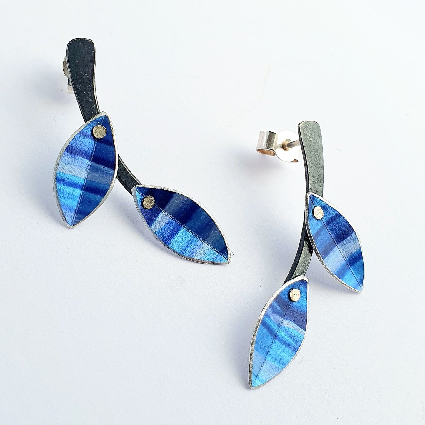 SL3 Black stem and indigo leaf stud earrings