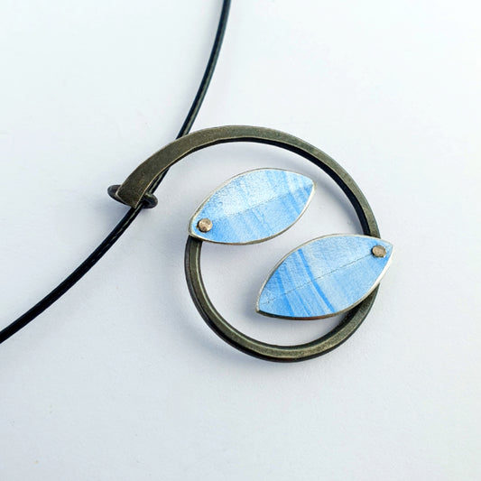 SL19 Light blue leaves pendant on black neckwire