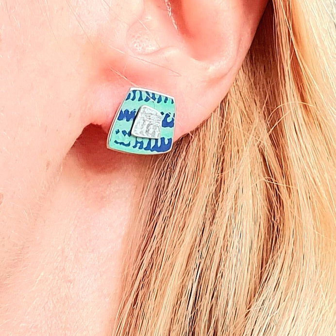 TX18 Aluminium And Silver Square Stud Earrings