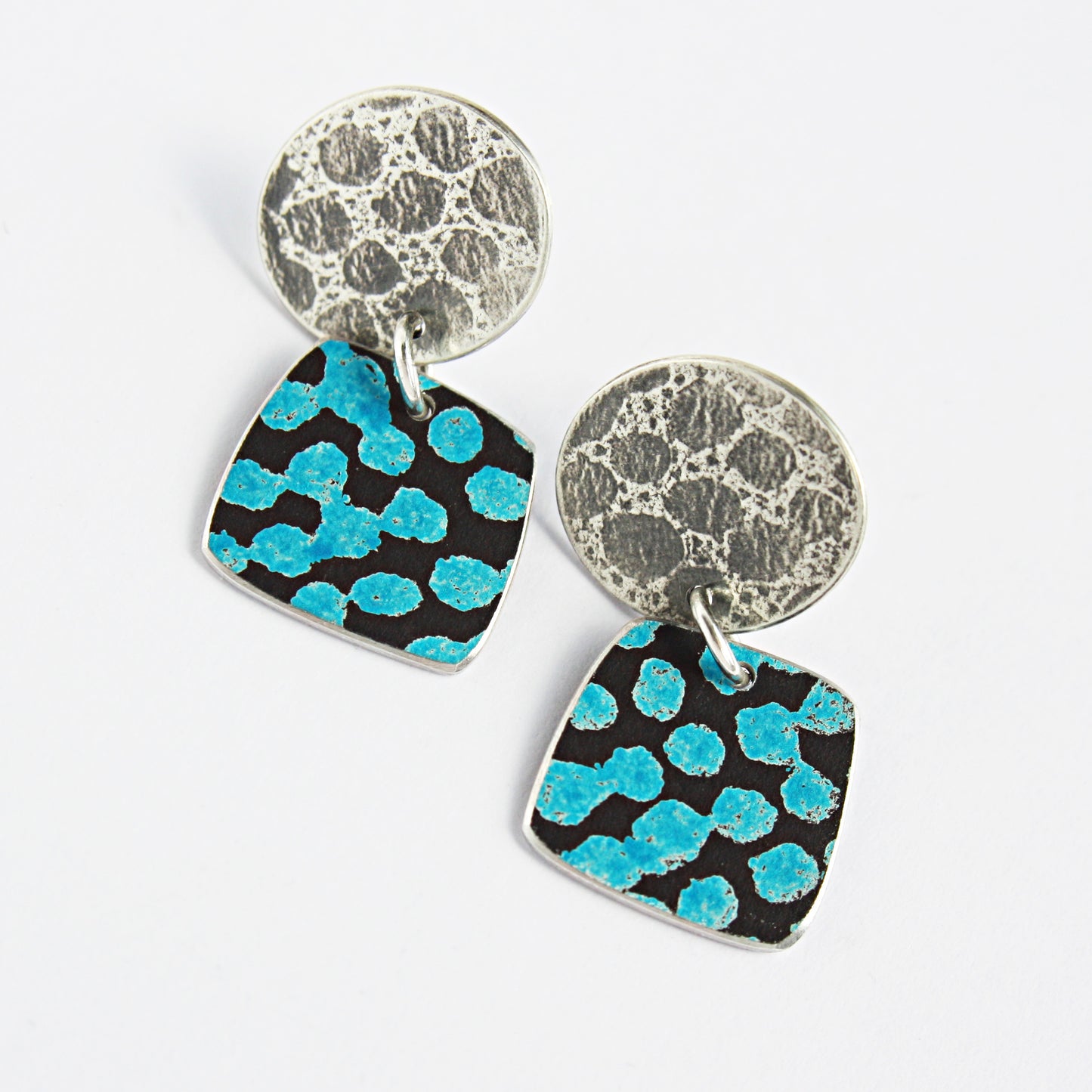 TS12 Silver Disc Stud And Spot Print Square Drop Earrings