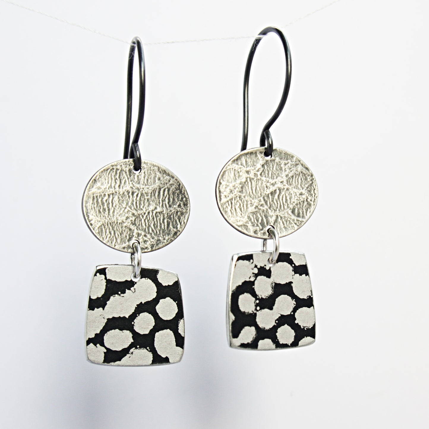TS20 Silver Disc And Spot Print Square Drop Earrings