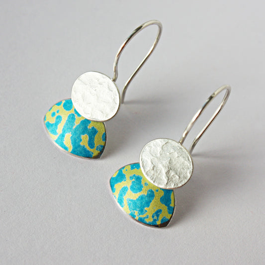 LCH2 Little silver oval drop earrings with patterned anodised aluminium skirt