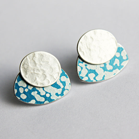 LCH1 Small silver oval and patterned anodised aluminium stud earrings