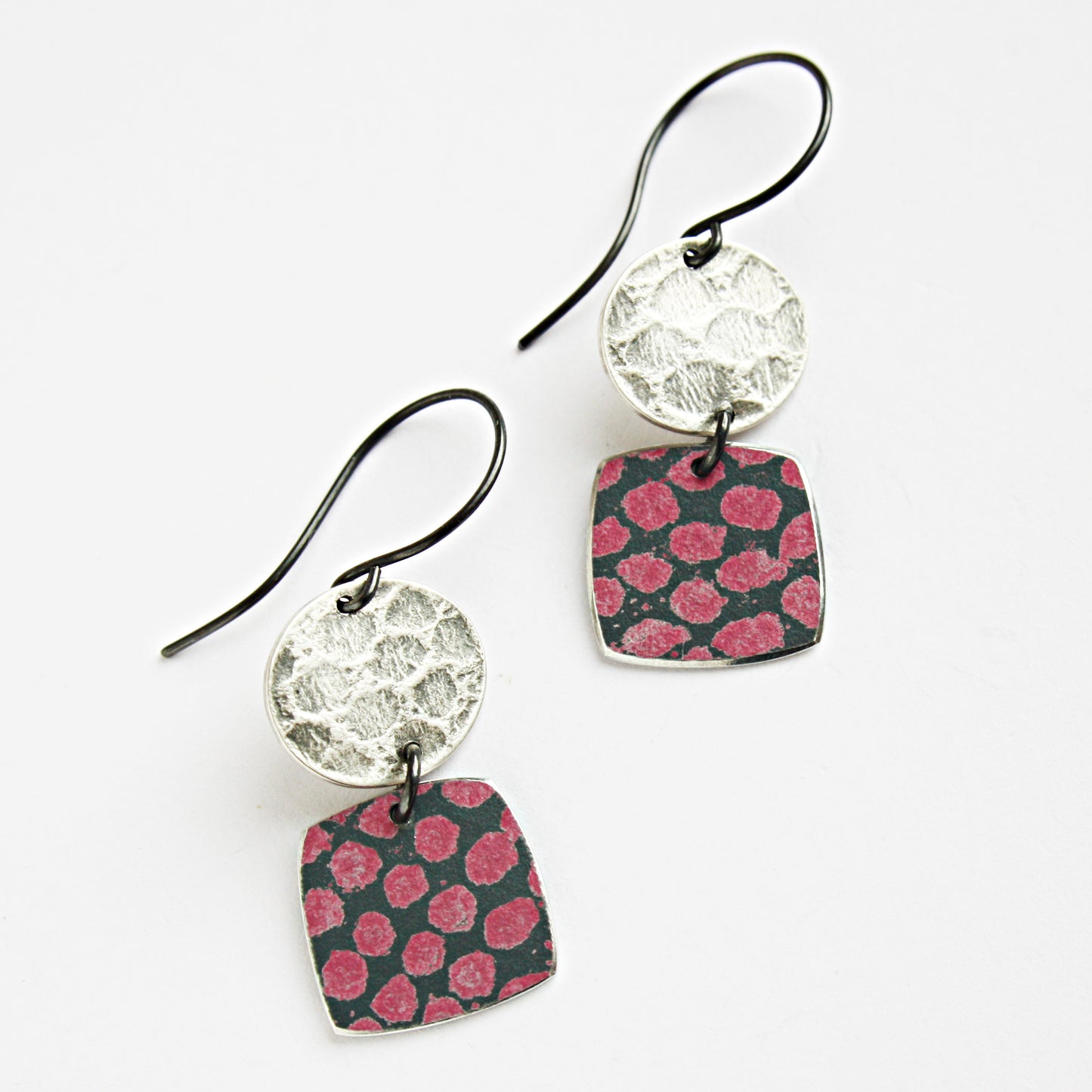 TS20 Silver Disc And Spot Print Square Drop Earrings