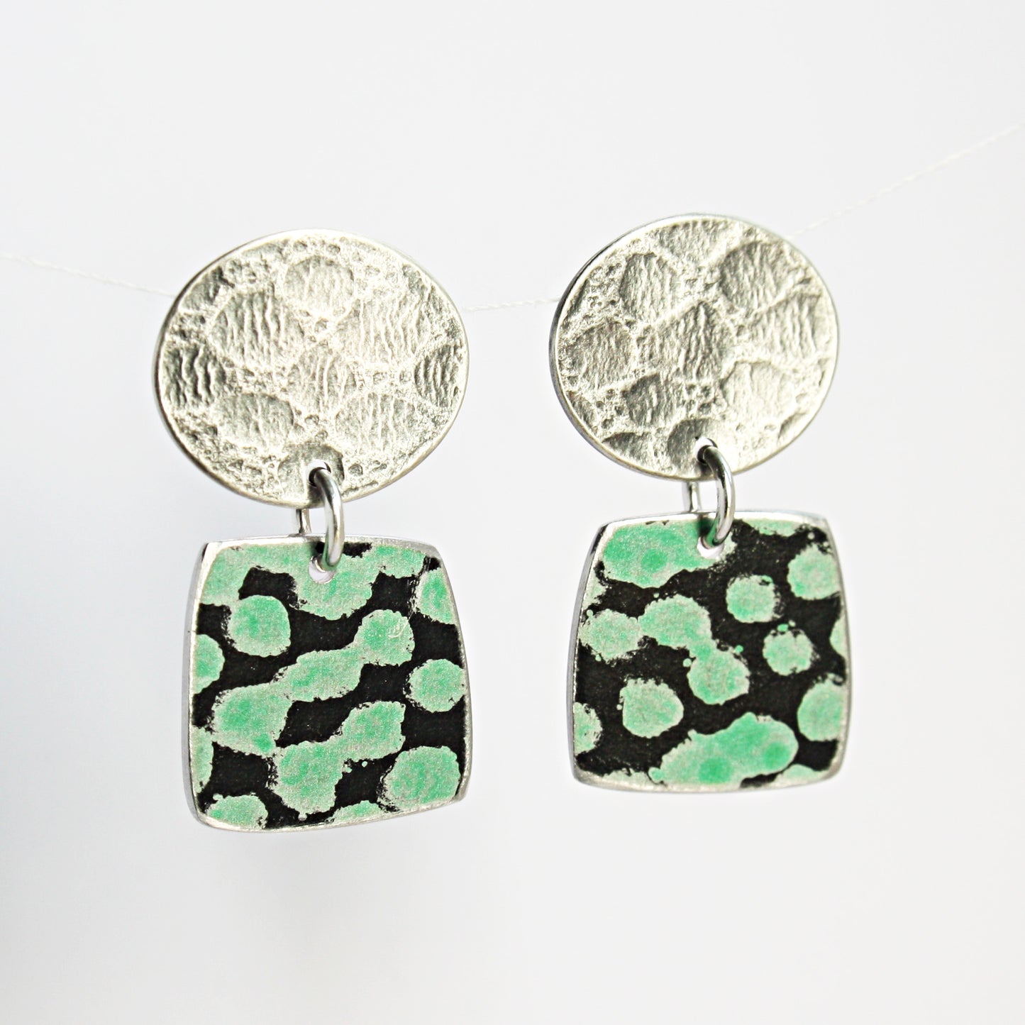 TS12 Silver Disc Stud And Spot Print Square Drop Earrings