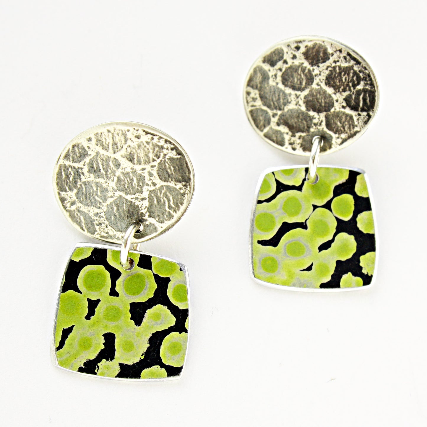 TS12 Silver Disc Stud And Spot Print Square Drop Earrings