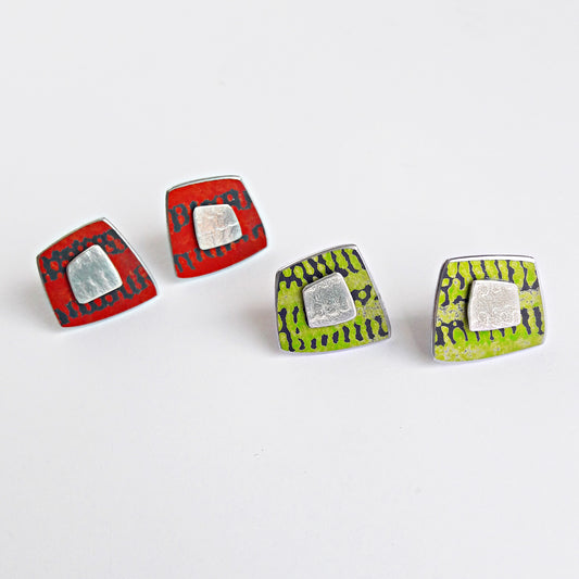 TX18 Aluminium And Silver Square Stud Earrings