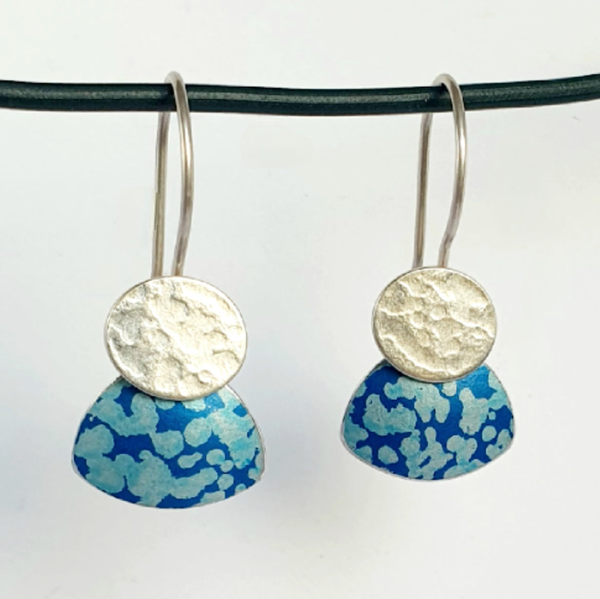 LCH2 Little silver oval drop earrings with patterned anodised aluminium skirt
