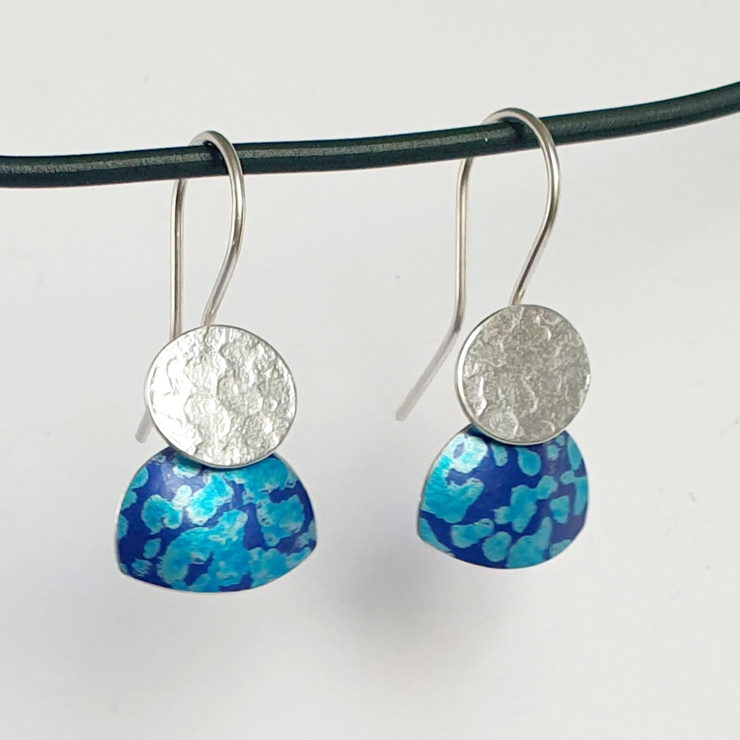LCH2 Little silver oval drop earrings with patterned anodised aluminium skirt