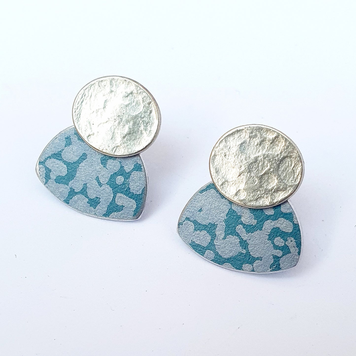 LCH1 Small silver oval and patterned anodised aluminium stud earrings