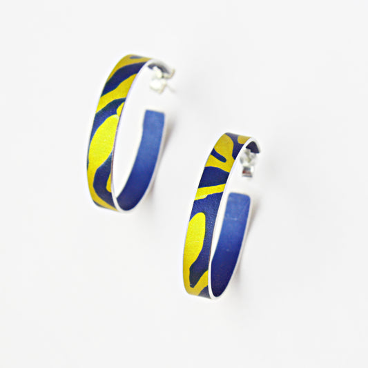 SL22 Yellow on indigo foliage hoop stud earrings