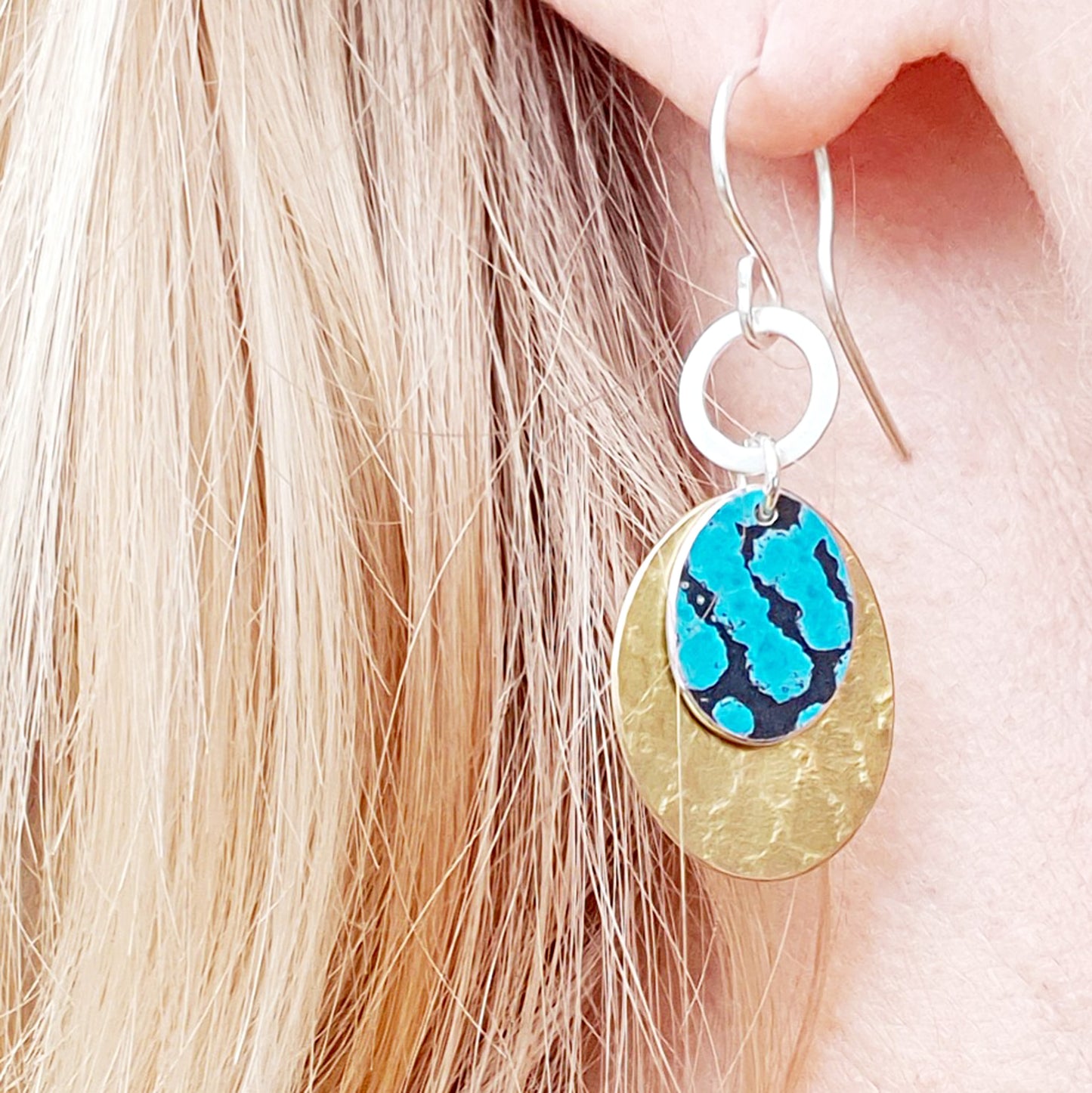 SL5 Oval cluster drop earrings in textured brass and spotty jade