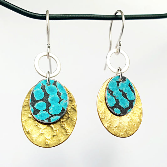 SL5 Oval cluster drop earrings in textured brass and spotty jade