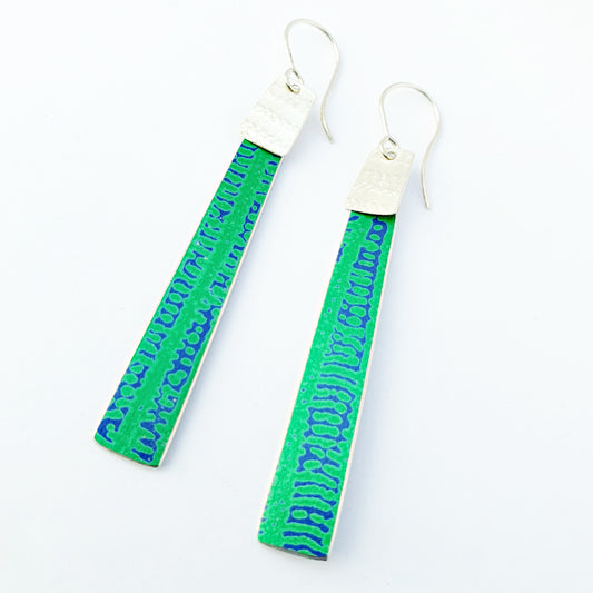 SL10 Silver and green/blue Trax printed drop earrings