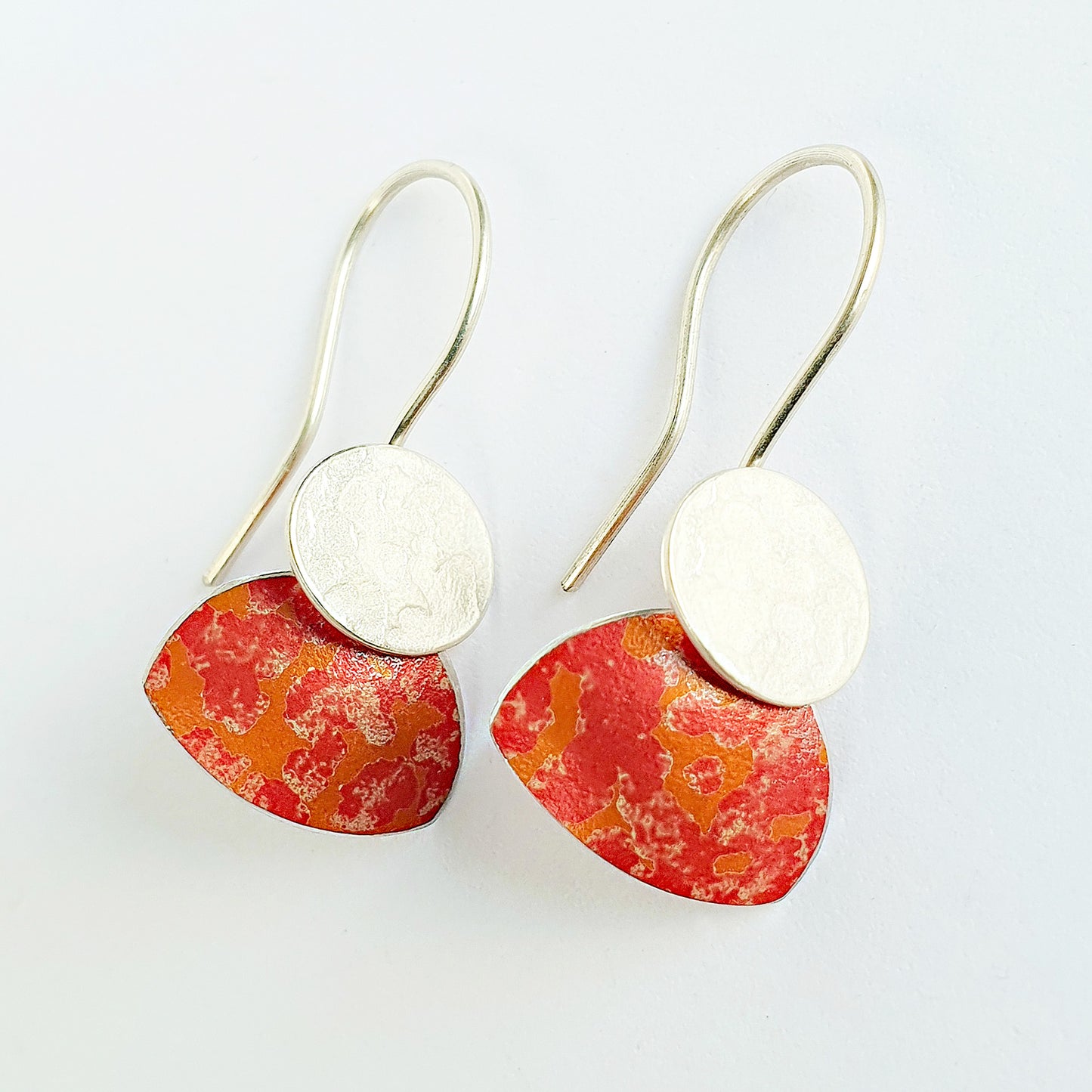 SL17 Silver oval and orange lichen print drop earrings