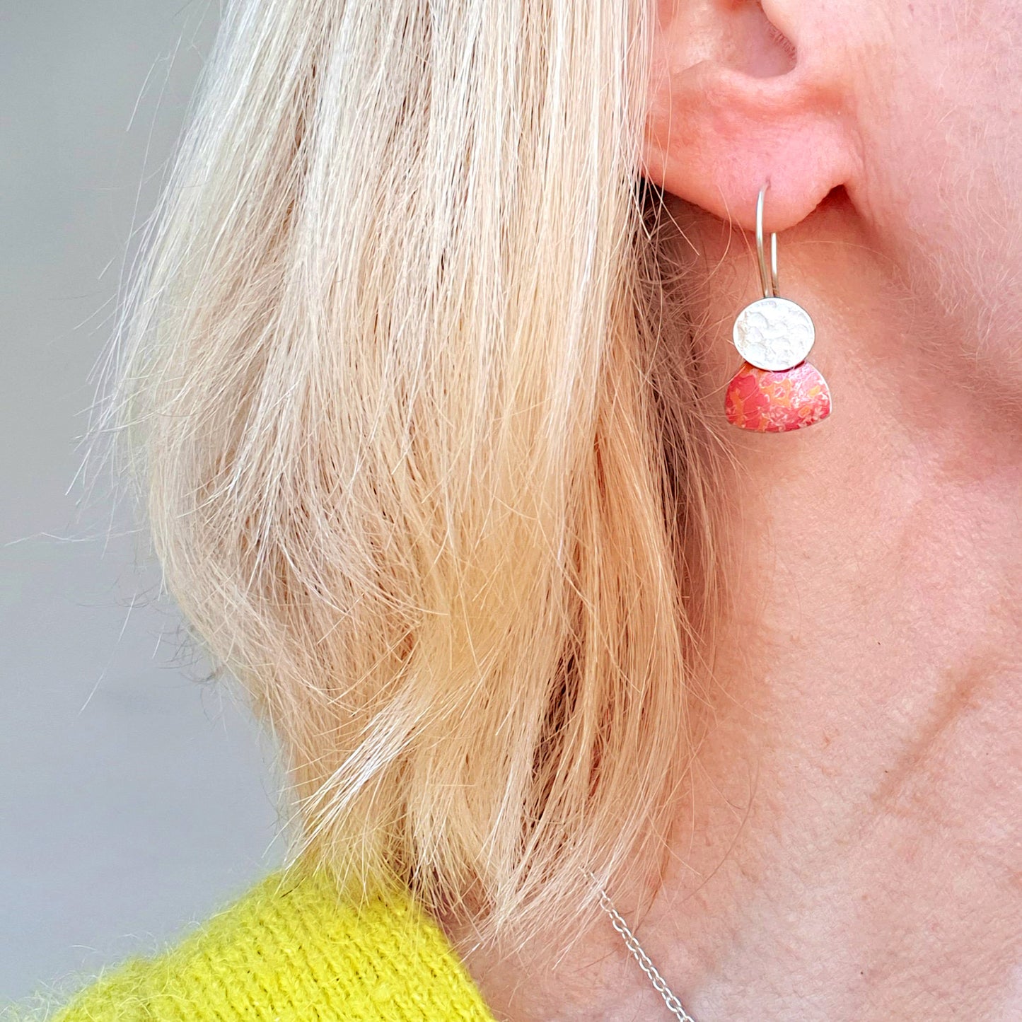 SL17 Silver oval and orange lichen print drop earrings