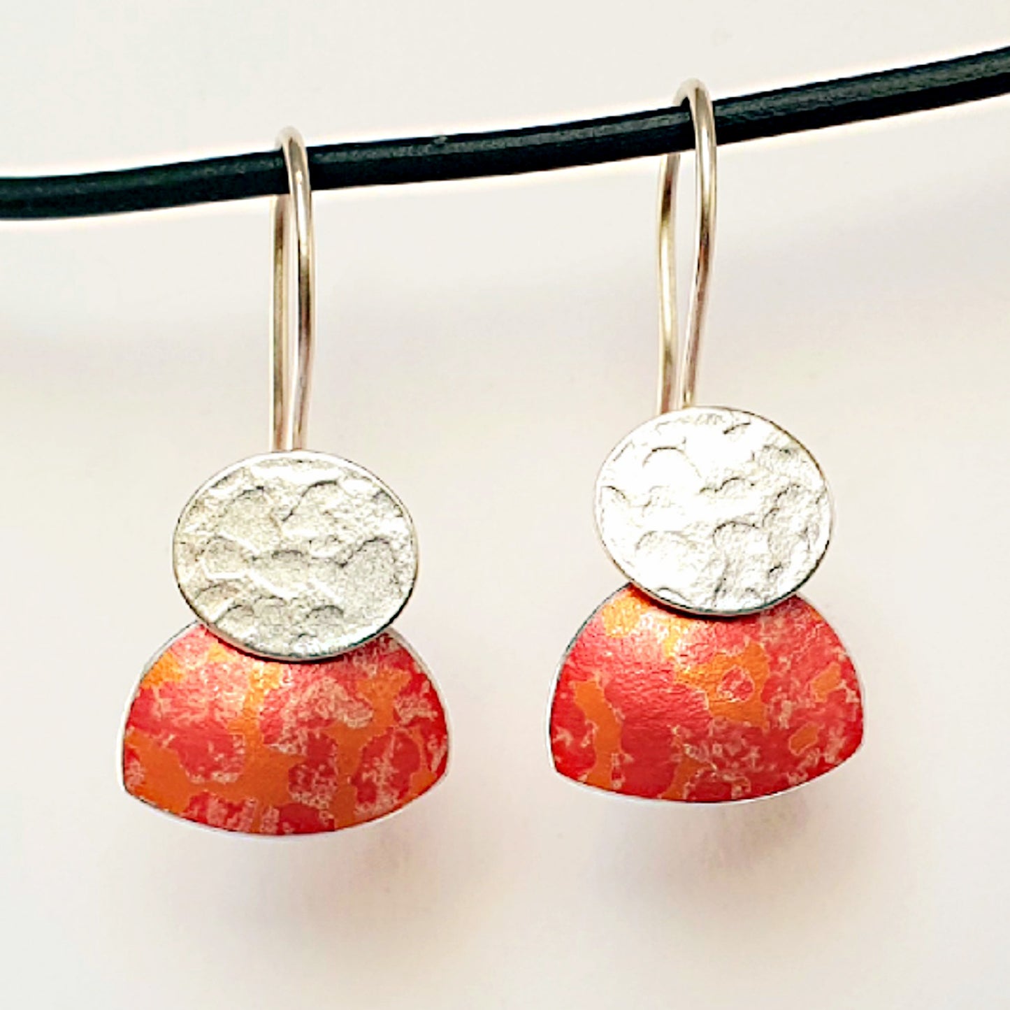 SL17 Silver oval and orange lichen print drop earrings