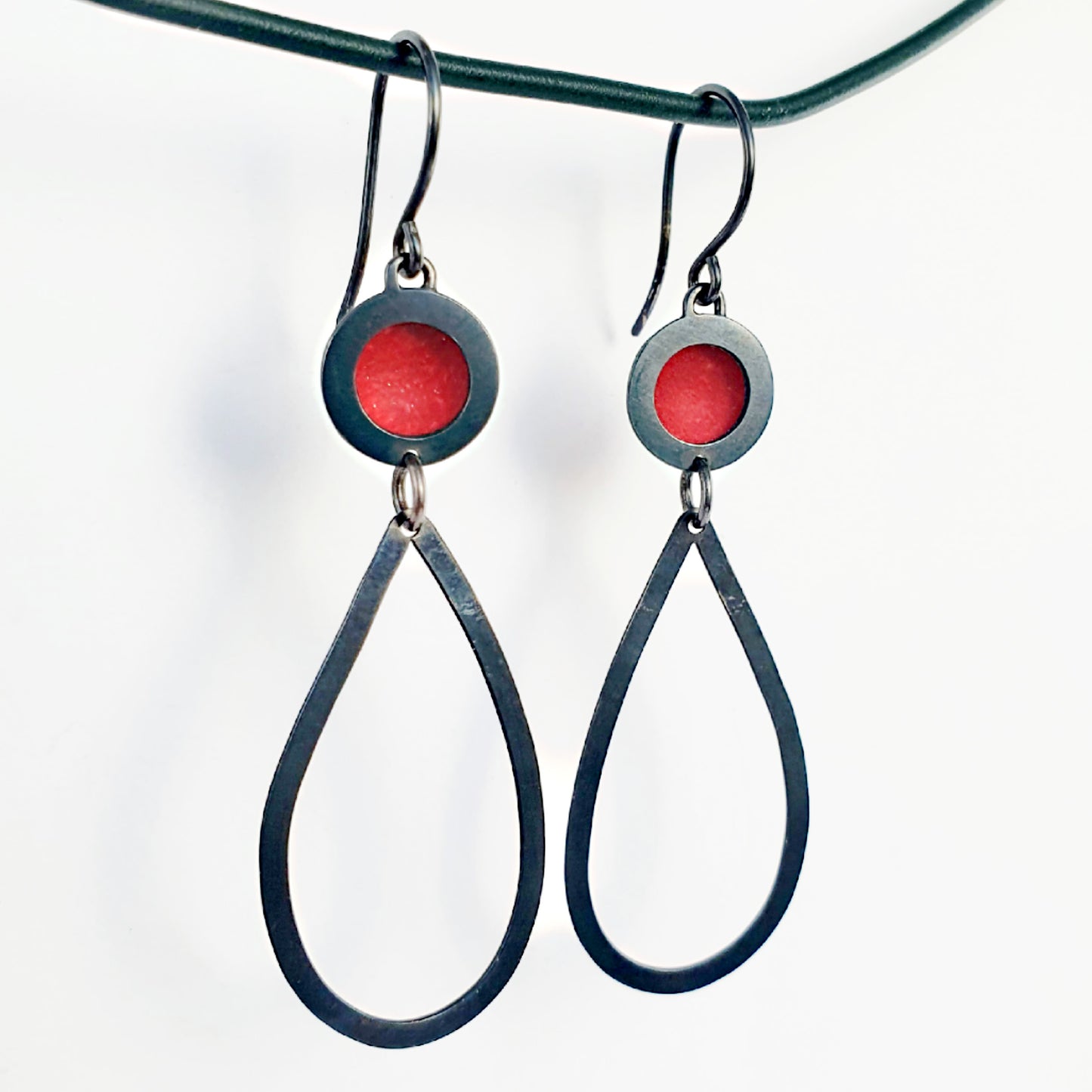 SL29 Oxidised Orbit Pear Drop Earrings in Red