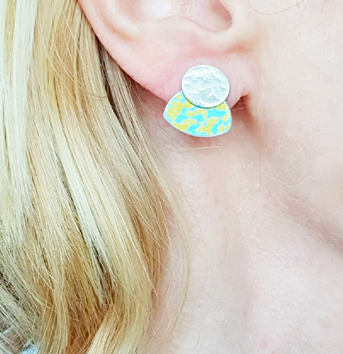 SL42 Silver oval and yellow on turquoise Lichen stud earrings