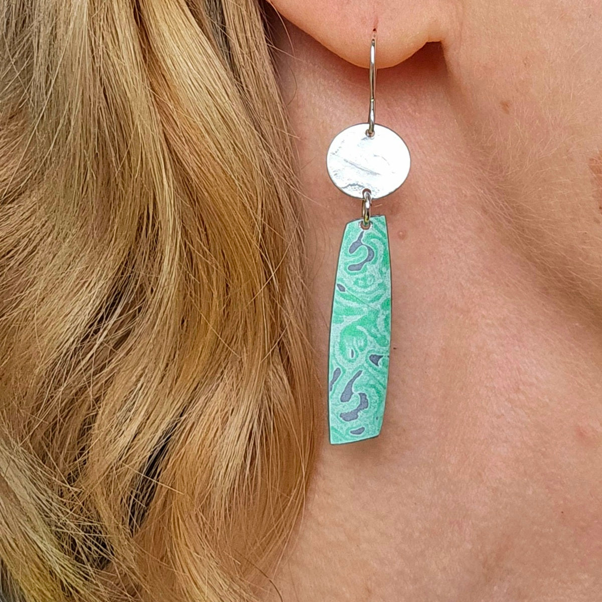 SL4 Textured silver disc with a green Alyssa print rectangle drop earrings