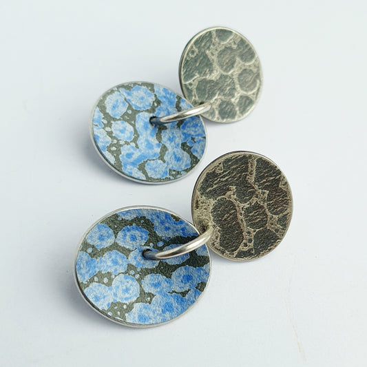 SL14 Oxidised silver stud earrings with blue spotty disc drop