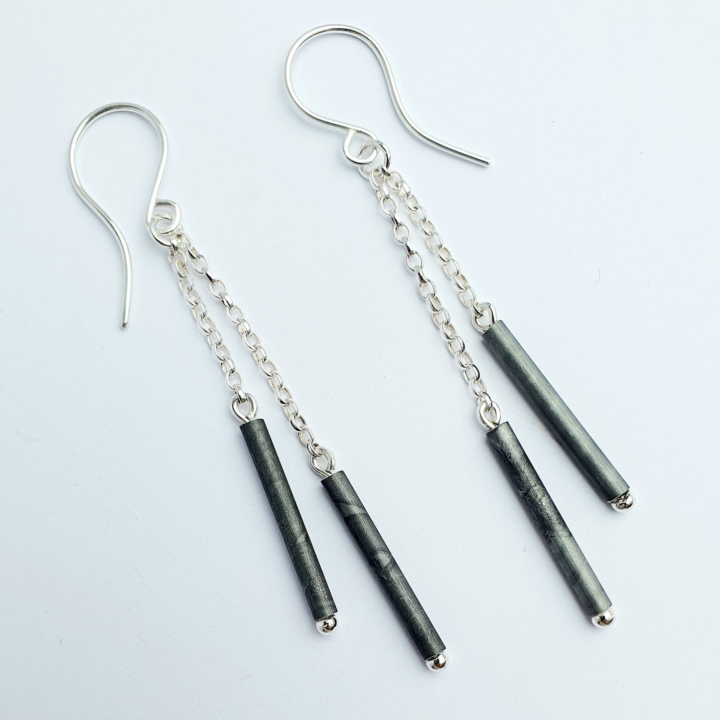 SL7 Black tube and silver chain drop earrings