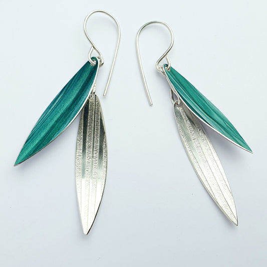 SL8 Forest green and silver double leaf drop earrings