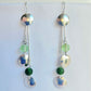 SL16 Silver double disc drop earrings with light and dark green glass beads