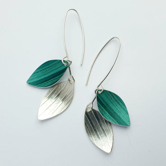 SL13 Double leaf drop earrings in forest green and silver on long hoops