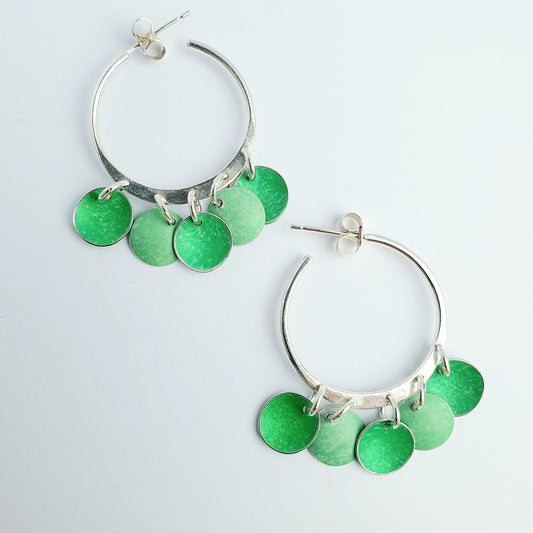 SL12 Silver gypsy hoop stud earrings with 5 green concave discs