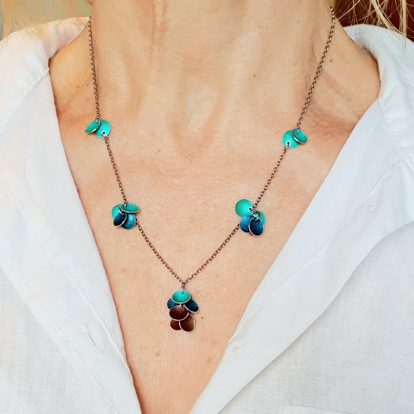SL27 Jade, petrol and brown multi disc necklace