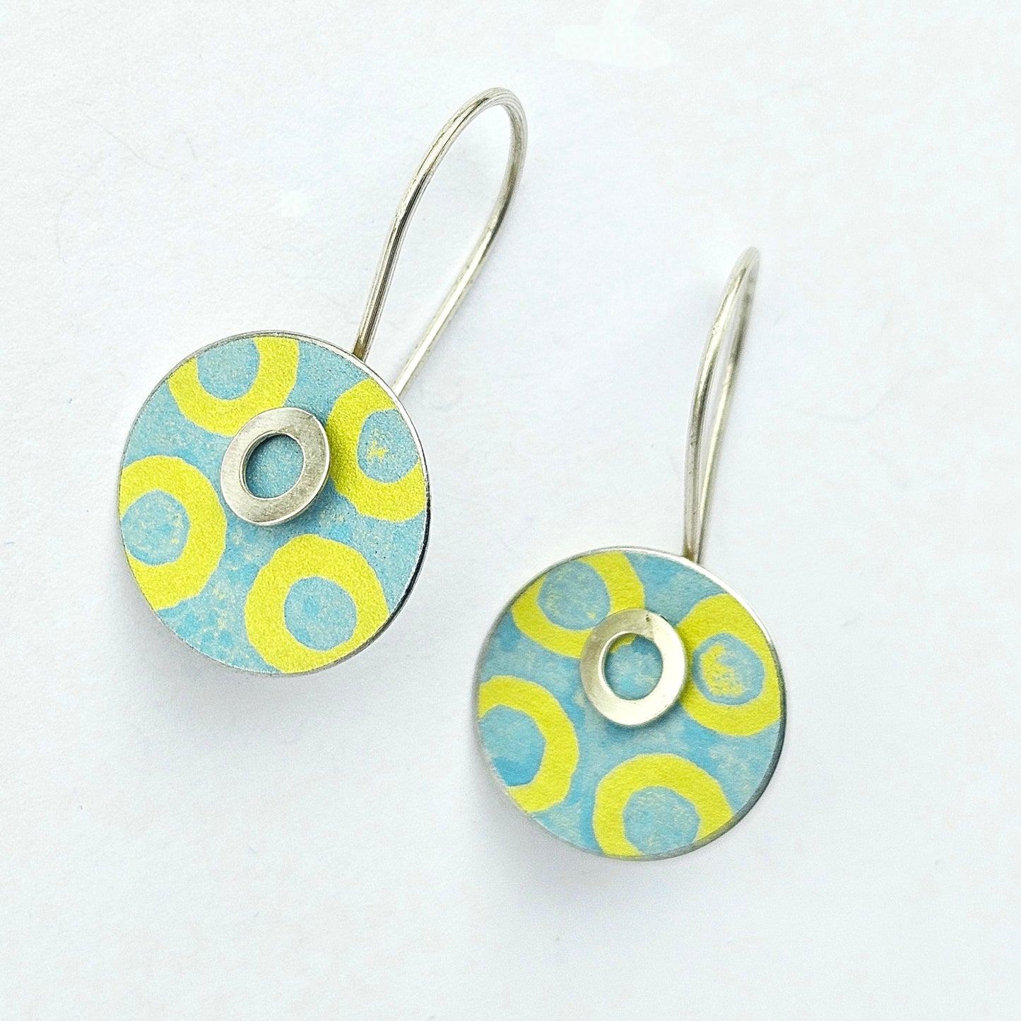 SL24 Yellow circles on blue disc drop earrings