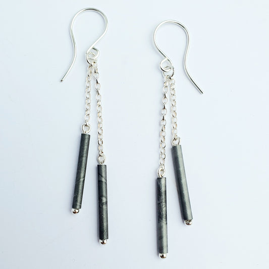 SL7 Black tube and silver chain drop earrings